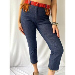 90s vintage funky embroidered unique fringed blue denim cropped capris jeans